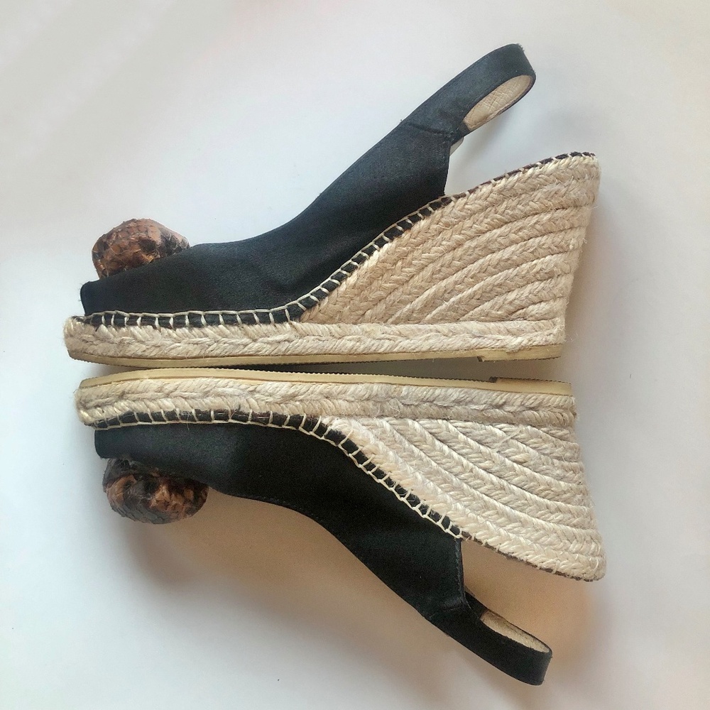 Black Canvas Espadrilles with Snake Skin  Patterned Rosette 7.5